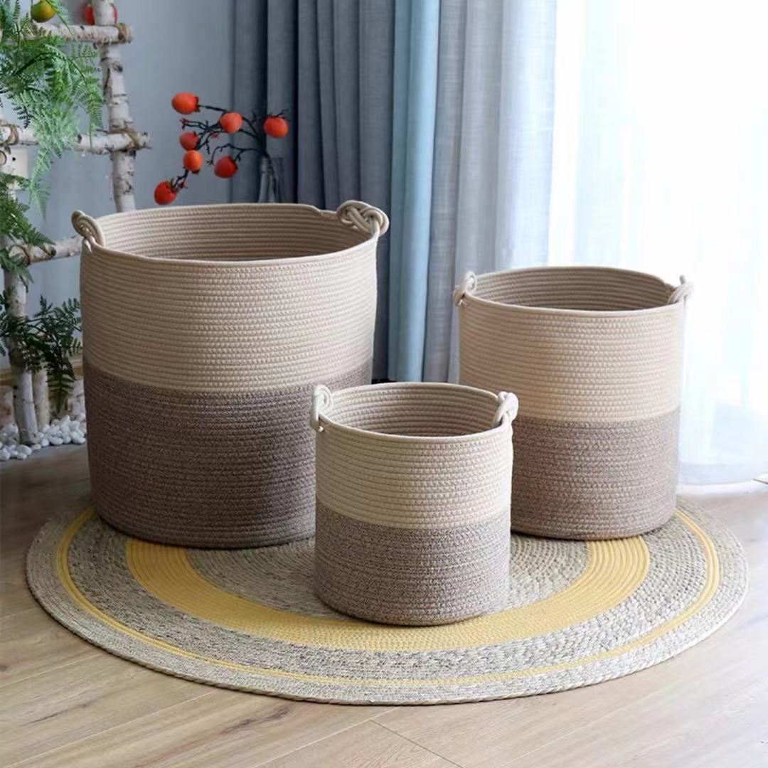 large capacity foldable round woven cotton rope rope storage basket for living room dirty cloth laundry basket