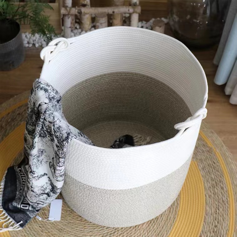 large capacity foldable round woven cotton rope rope storage basket for living room dirty cloth laundry basket