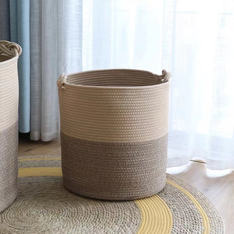 large capacity foldable round woven cotton rope rope storage basket for living room dirty cloth laundry basket