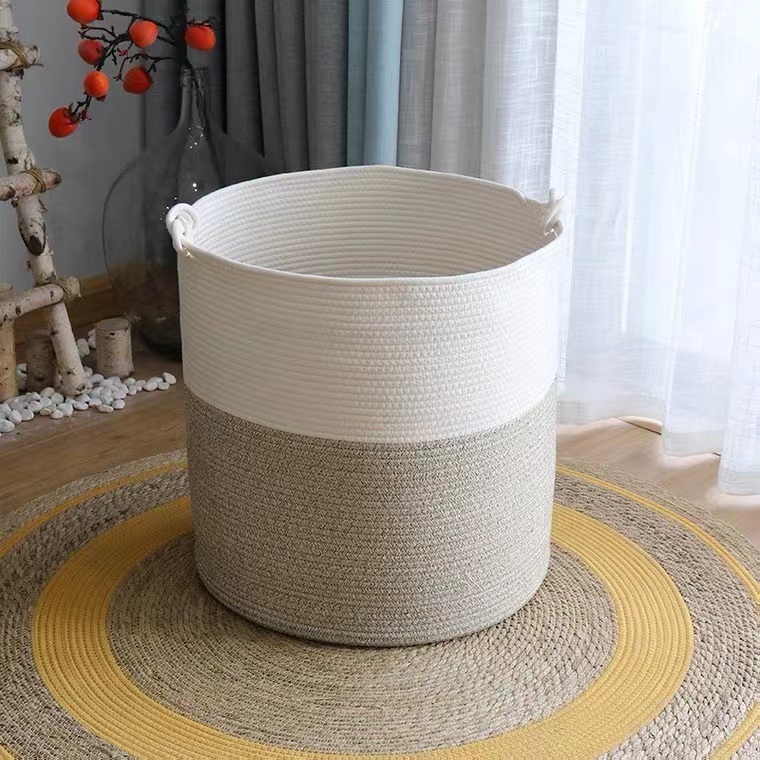 large capacity foldable round woven cotton rope rope storage basket for living room dirty cloth laundry basket