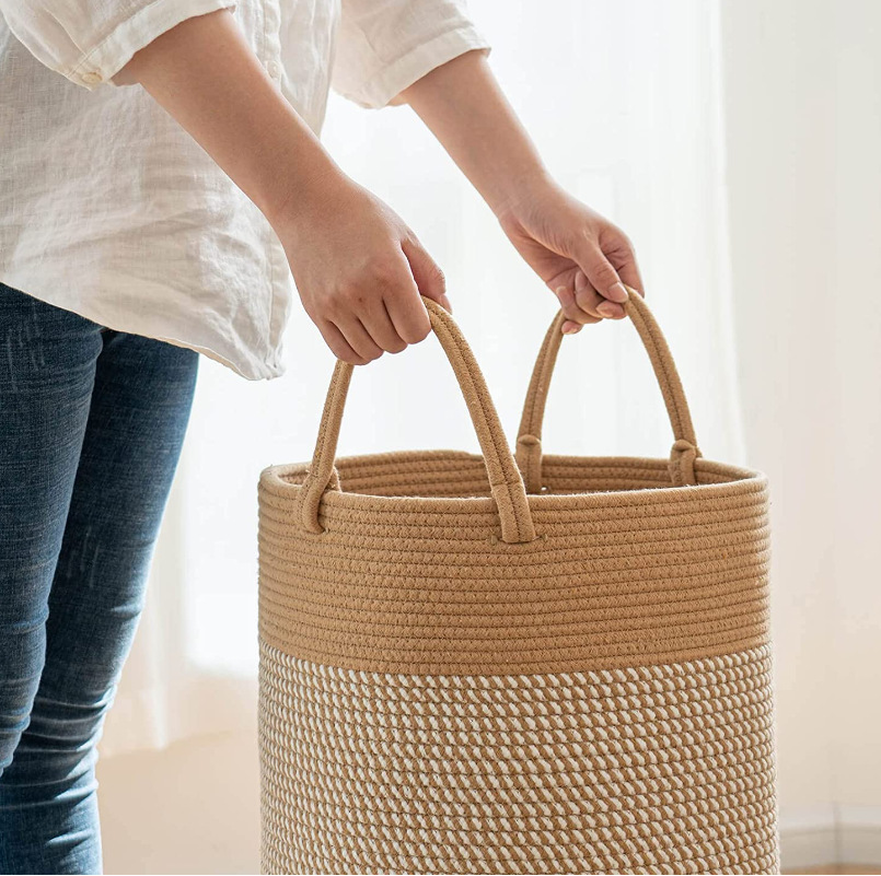 large woven rope laundry hamper with handles decorative storage basket for bedroom living room for clothes toys organization